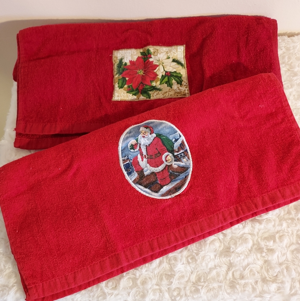 Bundle (2) Red Santa & Poinsettia kitchen towels Festive Holiday Christmas